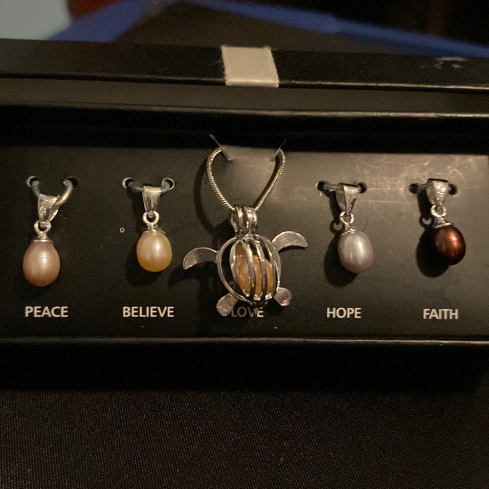 Sterling silver and real pearls changeable turtle necklace with 5 charms